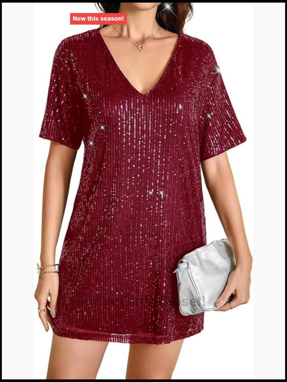 Women's Sequin Sparkly Short Sleeve Tunic Dress Loose Glitter Party Mini